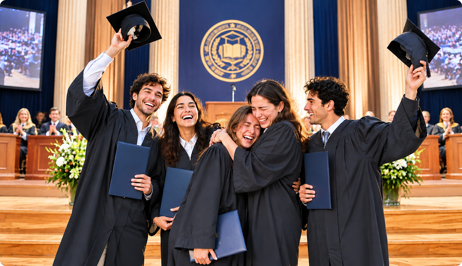 Soutenance et étudiants heureux