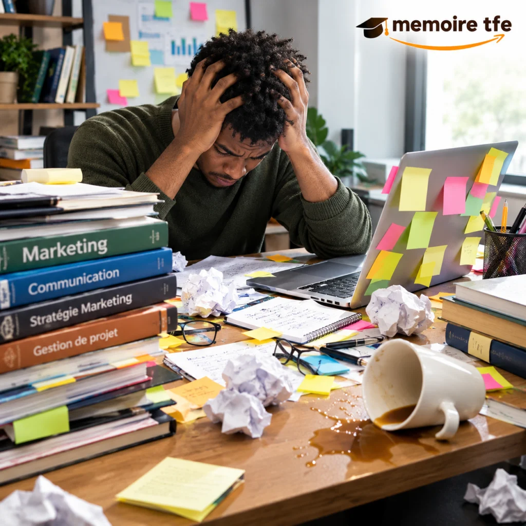 Étudiant stressé par les erreurs à éviter dans son mémoire en marketing