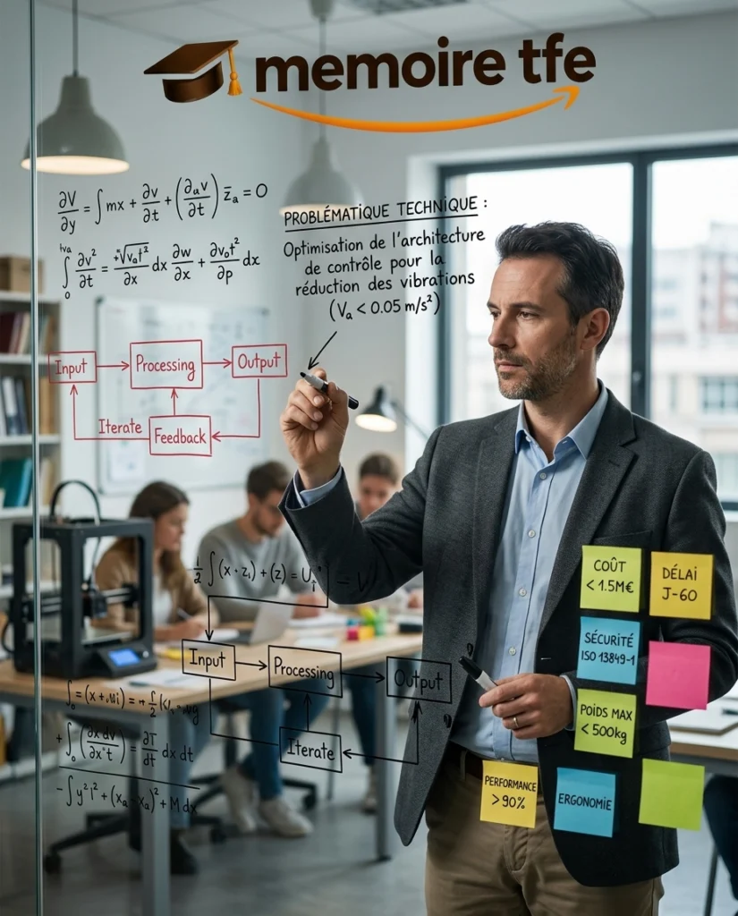 Ingénieur formulant une problématique technique sur un tableau blanc