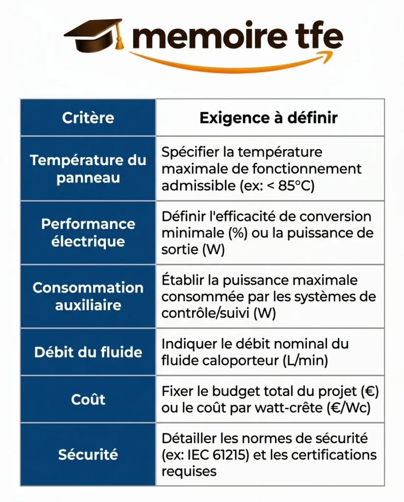 Tableau du cahier des charges pour un projet d'ingénierie