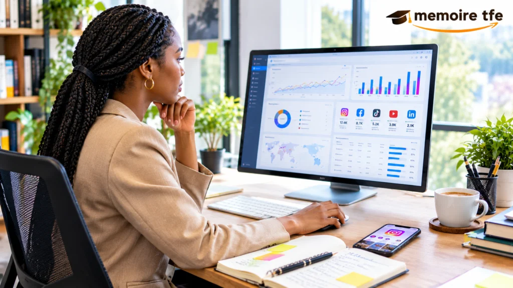Professionnelle du marketing analysant des données pour son mémoire