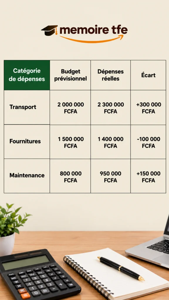 Tableau d'analyse des écarts budgétaires dans un mémoire en gestion