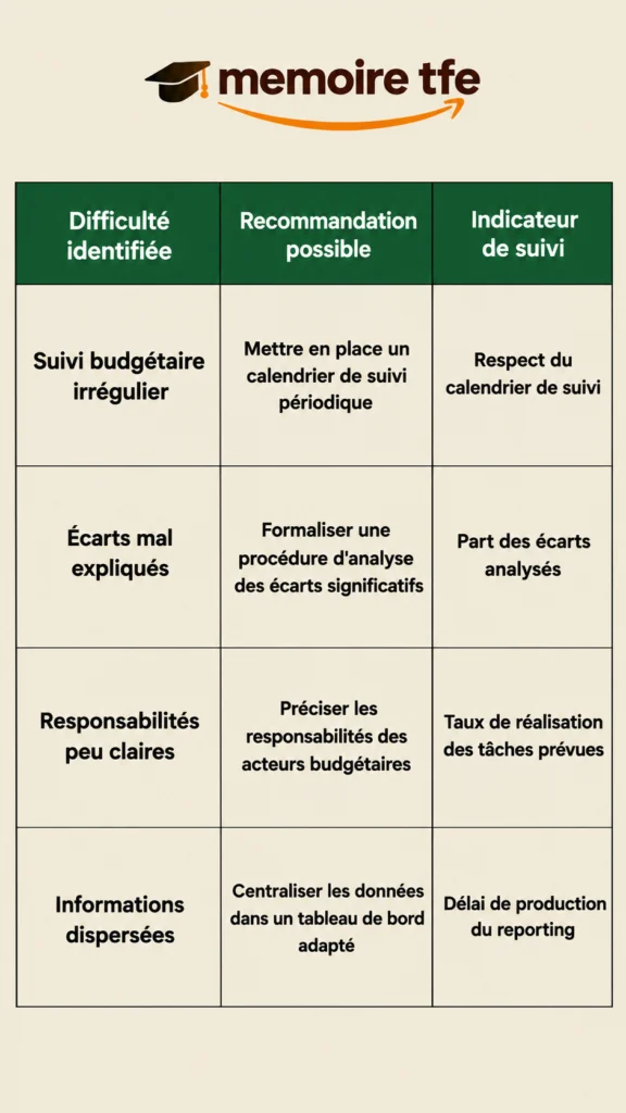 Tableau des recommandations pour un mémoire en gestion