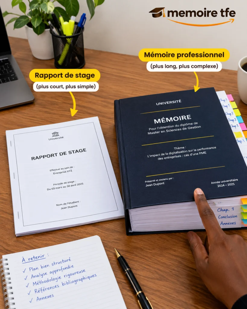 Différence visuelle entre un rapport de stage et un mémoire professionnel