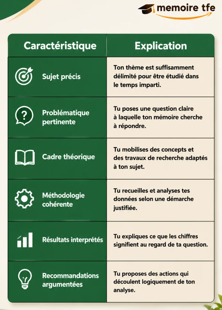 Tableau des caractéristiques d'un bon mémoire en marketing
