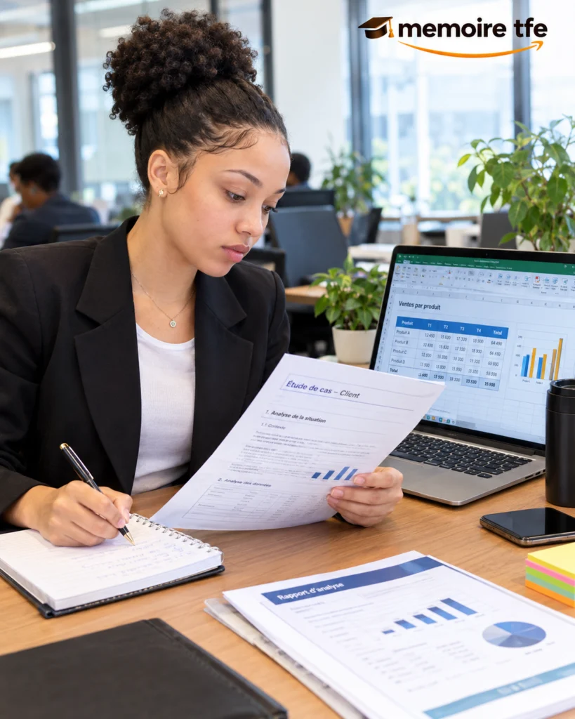 Étudiante analysant une étude de cas pour son mémoire professionnel