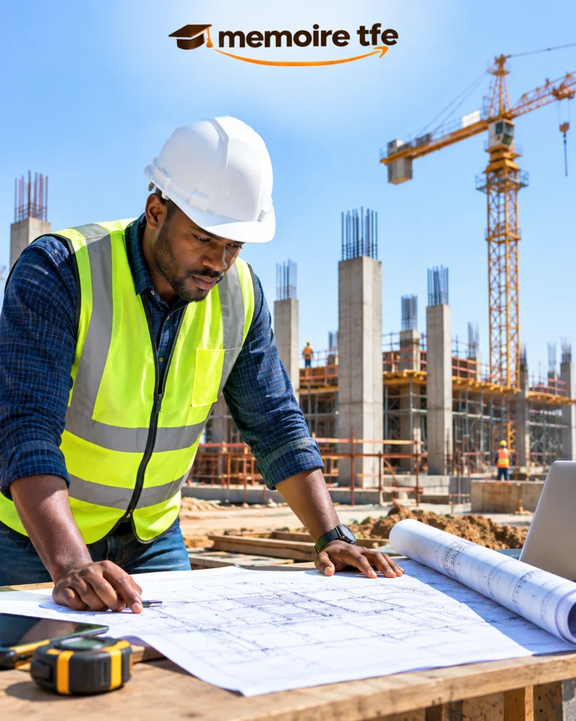 Ingénieur en génie civil analysant des plans de structure en béton