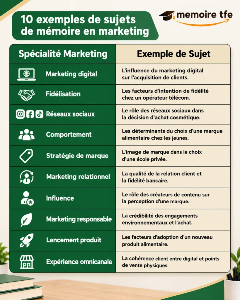 Tableau de 10 exemples de sujets de mémoire en marketing