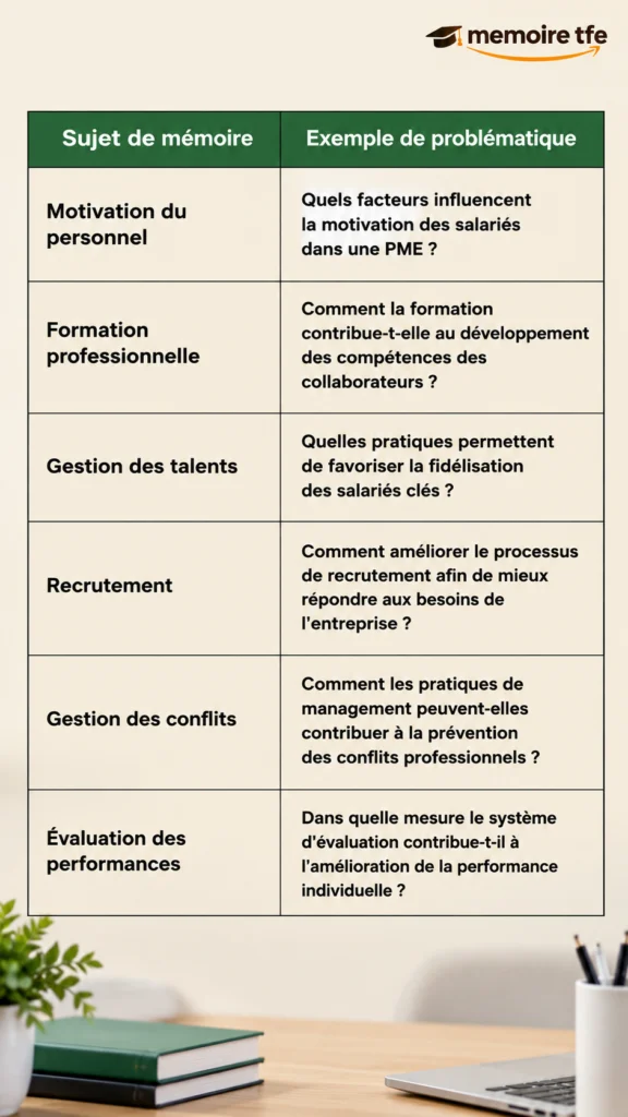 Tableau des sujets de mémoire en gestion des ressources humaines
