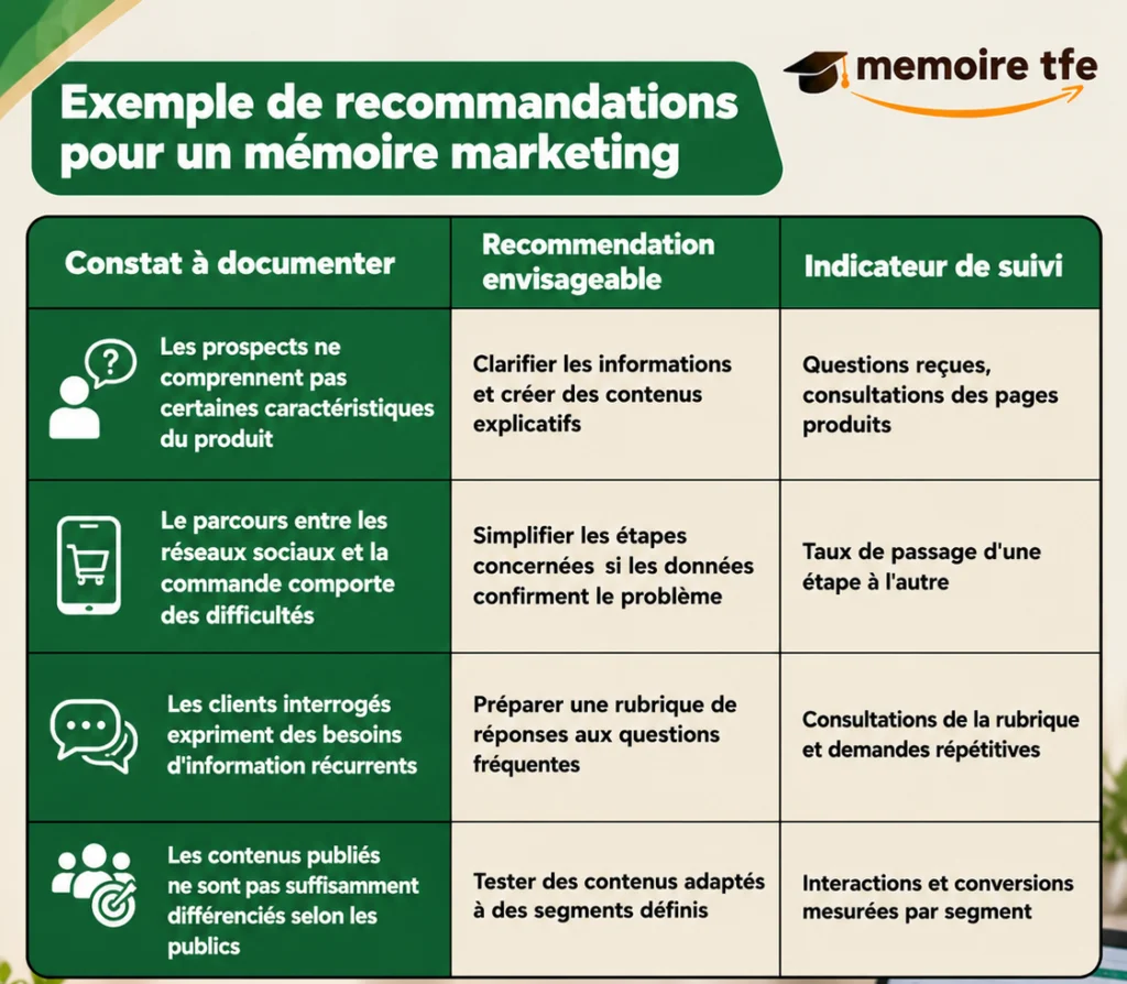 Tableau de recommandations pour un mémoire en marketing