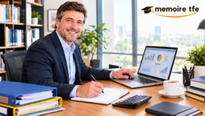 Étudiant en gestion travaillant sur son mémoire professionnel