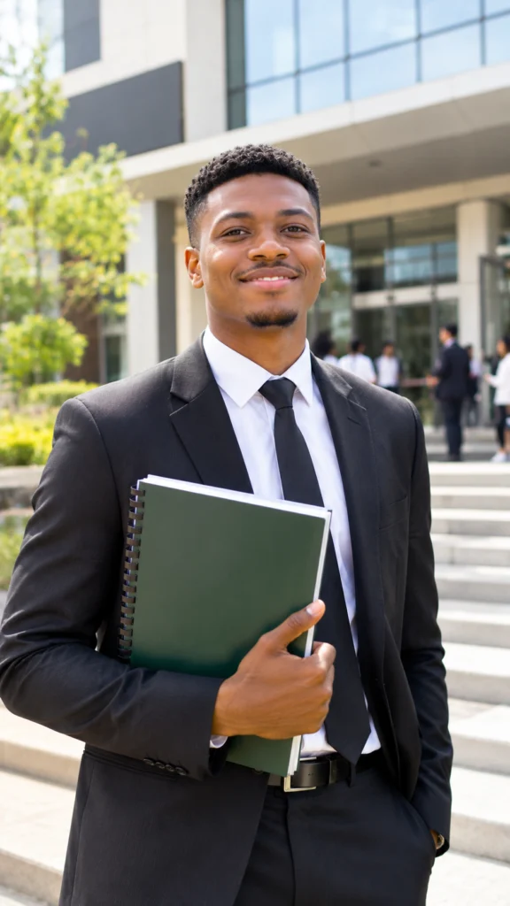 Diplômé tenant son mémoire en commerce.