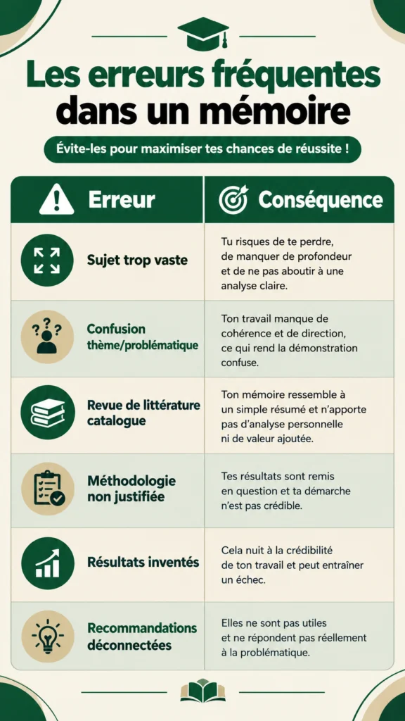 Tableau des erreurs à éviter dans un mémoire en commerce